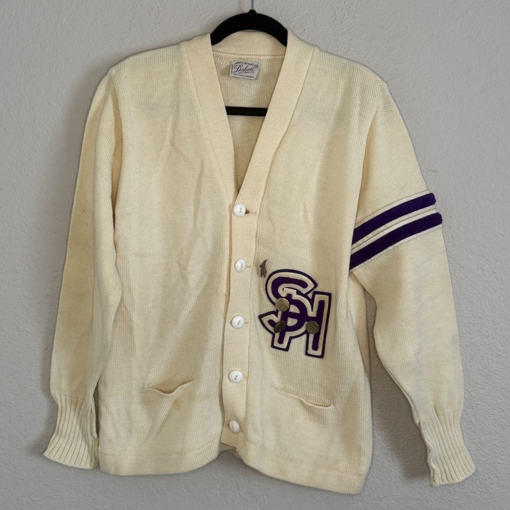 Vintage Varsity Cardigan Letterman Sweater Cream Purple Collegiate Preppy Retro